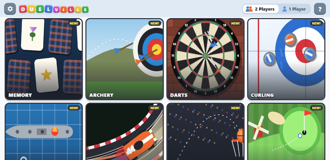 Duelville public game menu showing Memory, Archery, Darts, Curling and other party games.
